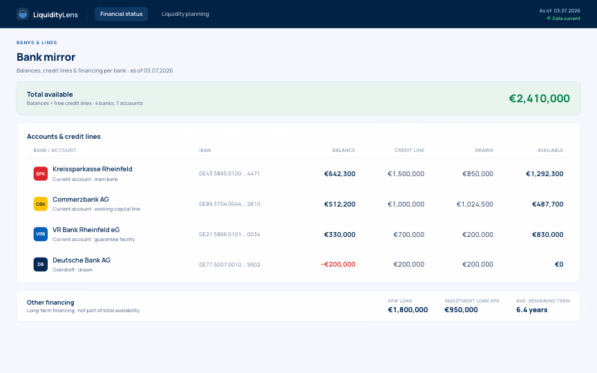 Bank mirror with accounts and credit lines in LiquidityLens