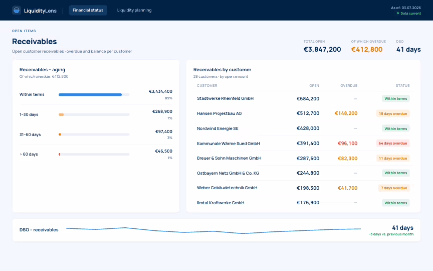 Receivables with aging and DSO in LiquidityLens
