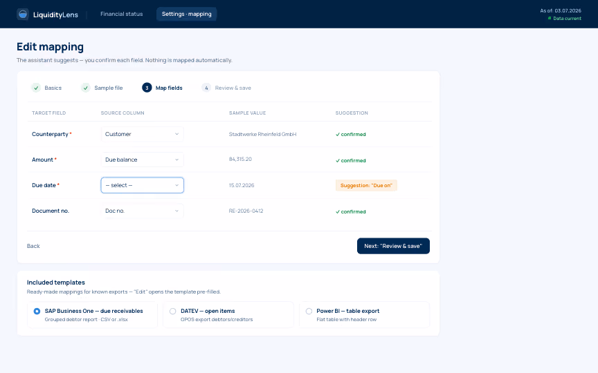 Mapping-Assistent mit Feldzuordnung in LiquidityLens
