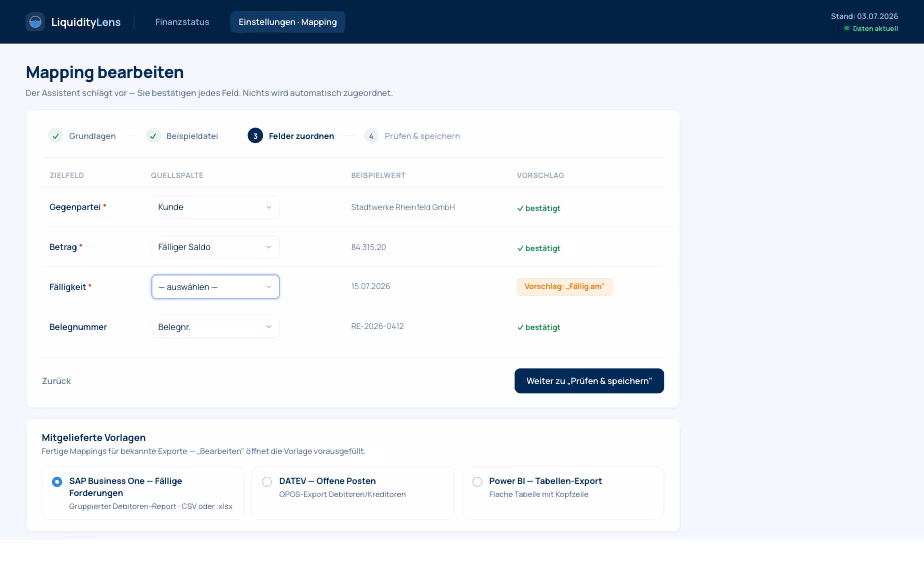 Mapping-Assistent mit Feldzuordnung in LiquidityLens